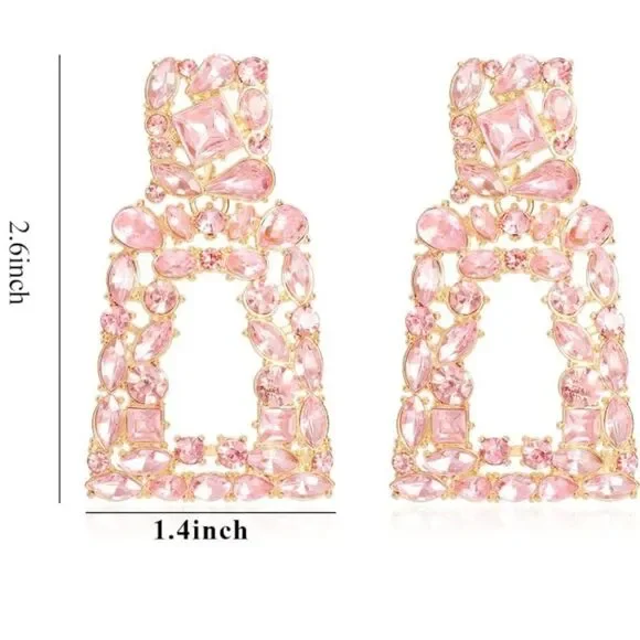 Yellow Gold with Pink Sapphire Crystal Geometric Rectangle Post Back Earrings
